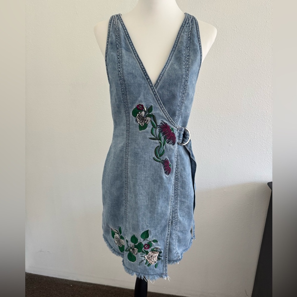 H&M Loves Coachella Embroidered Denim Overall Wrap Dress